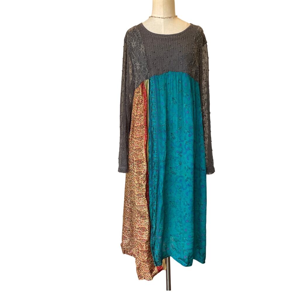 Boho Patchwork Mini Dress in Teal and Gray